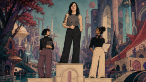 Tres diseñadoras web en podios